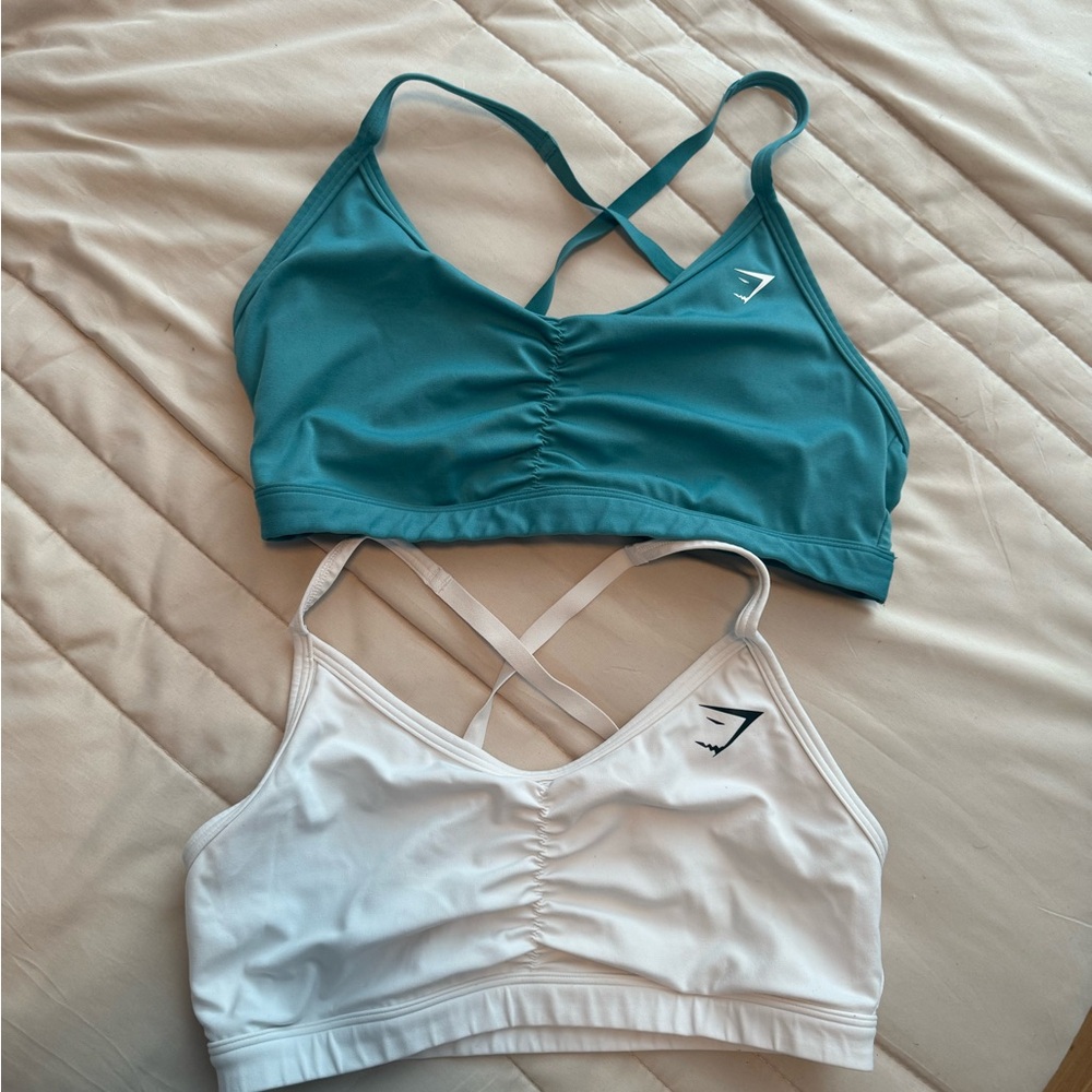 Gymshark Teal and White Seamless Strappy Sports Bras
